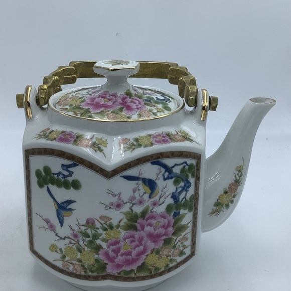 Homco Japan Asian Floral Six Sided Ceramic  Tea Pot with Metal Handle - Picture 3 of 9